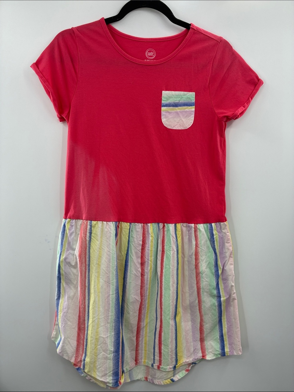 wonder nation Bright Pink Tee Dress with Multicolor Stripe Skirt Youth size 14-1